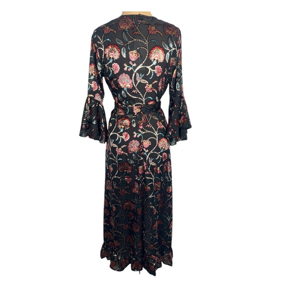 Anthropologie Talisman Black Multicolor Velvet Floral V neck Wrap Midi Dress - Picture 6 of 16
